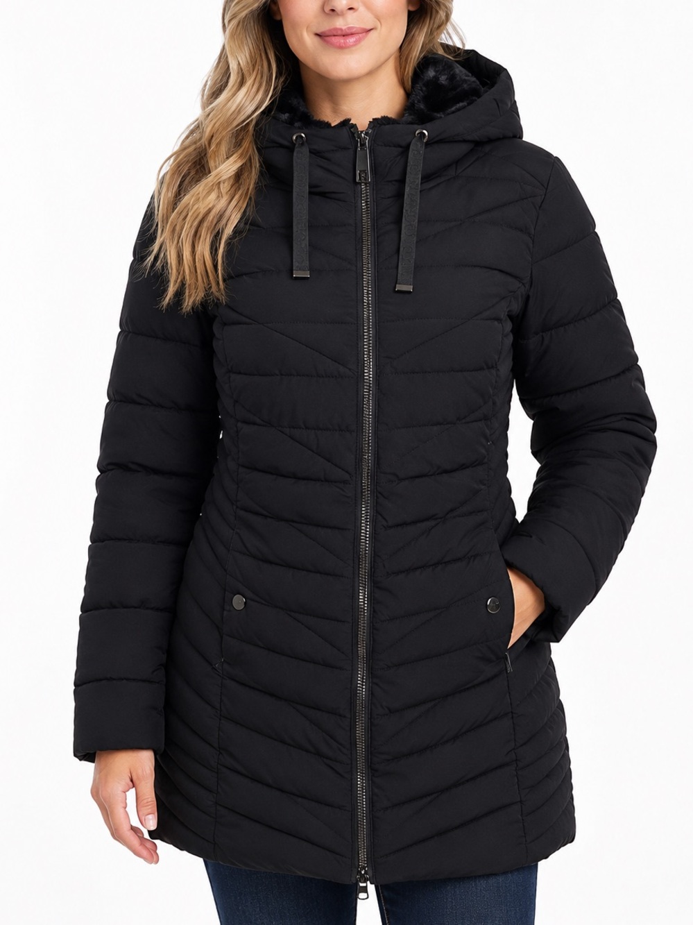 Nautica NWT Women Size M Black Hooded Puffer Jacket Coat Water Resistant Stretch